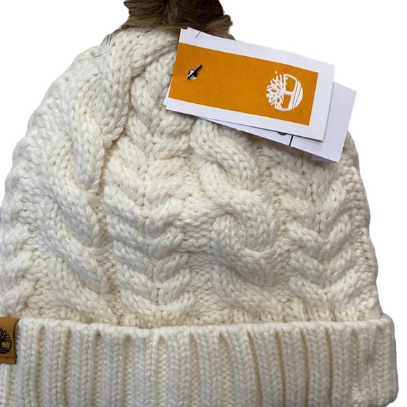 NWT Timberland Cream Cable Knit Cuffed Pom Faux Fur Fleece Lined Beanie Hat main image 4